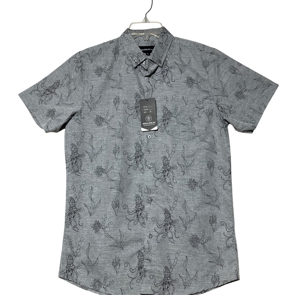 NWT Molokai Surf‎ Mens Gray Octopus Print Short Sleeve Button Down Shirt Size M